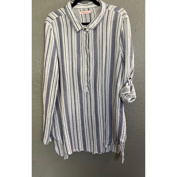 Fresh Produce Striped Tunic Shirt Roll Tab Sleeves XL/XXL Metallic  Gray/ Blue - Picture 1 of 11